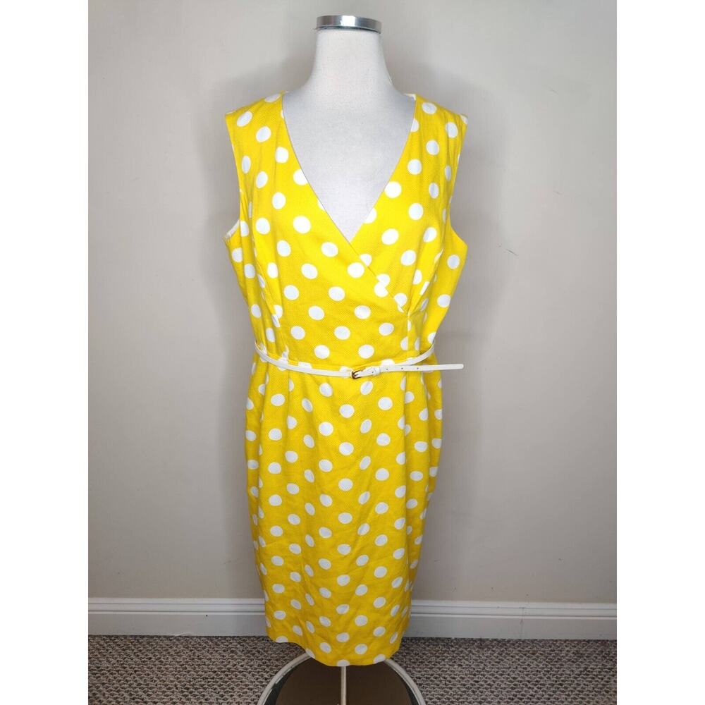 Tahari Yellow and White Polka Dot Midi Dress